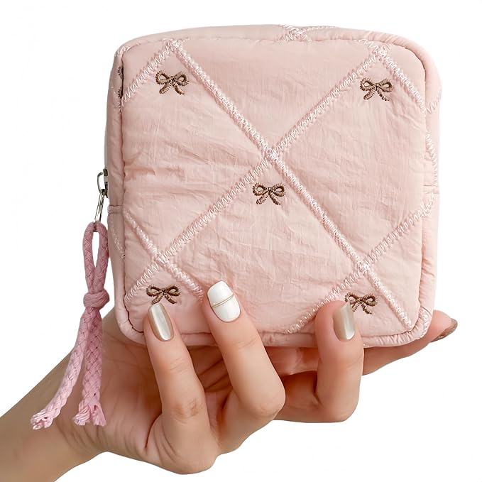 Small Makeup Bag | Discreet Period Bag Pad Pouch for Purse| Sanitary Napkin Storage & Tampon Holder for Travel (Quilted bow beige)