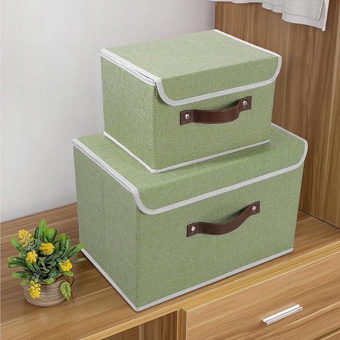 ANMINY Fabric Storage Box Bins with Lids, Green, 13"x9"x7.9" | Keepsake Memory Storage, Cotton Linen, PP Board Reinforced, Washable, PU Handles, Foldable & Stackable, Decorative, Medium