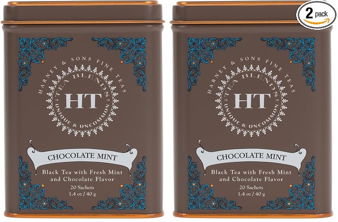 Harney and Sons Chocolate Mint, Flavored Black Tea - 20 Sachets per Tin (Pack of 2)