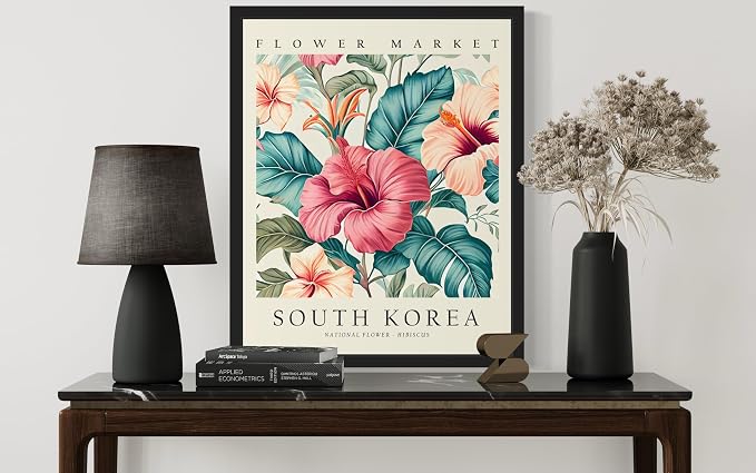 South Korea, Hibiscus Art Print Poster, Flower Market Wall Art, Floral Artwork Decor for Bedroom, Kitchen, Bathroom, Livingroom Decoration 52 (South Korea, Hibiscus, 10"L x 8"W, Black Frame)