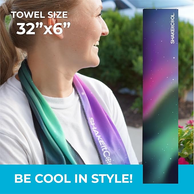 SHAKEitCOOL Original Cooling Towel – Be Cool in Style - Heat Relief, Soft, Lightweight, Sun Protection, Easy Clean - Perfect for Biking, Running, Yoga, Gym, Gardening - Aurora