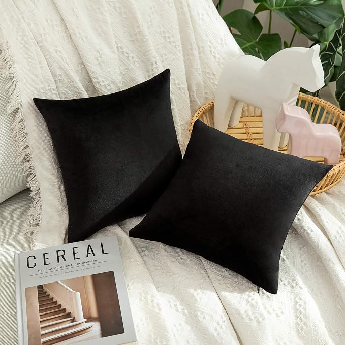 MIULEE Velvet Throw Pillow Covers 12x12 Inch Pack of 2 Black | Soft Solid Small Decorative Pillow Covers, Modern Luxury Home Decor, for Couch Chair Sofa Bedroom Livingroom Car