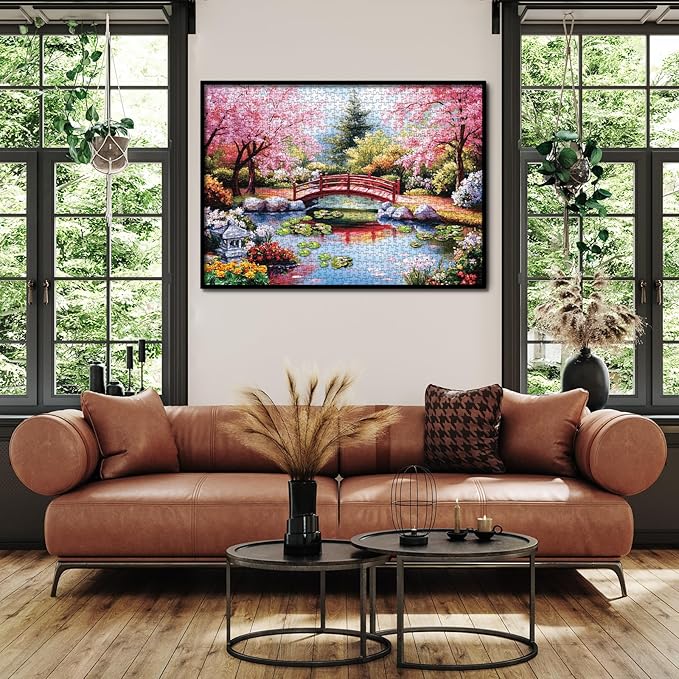 Garden Landscape Painting Jigsaw Puzzle 1000 Piece for Adult, Colorful Art Flower Cherry Blossom Plant Jigsaw Puzzles, Pretty Aesthetic Lotus Puzzle