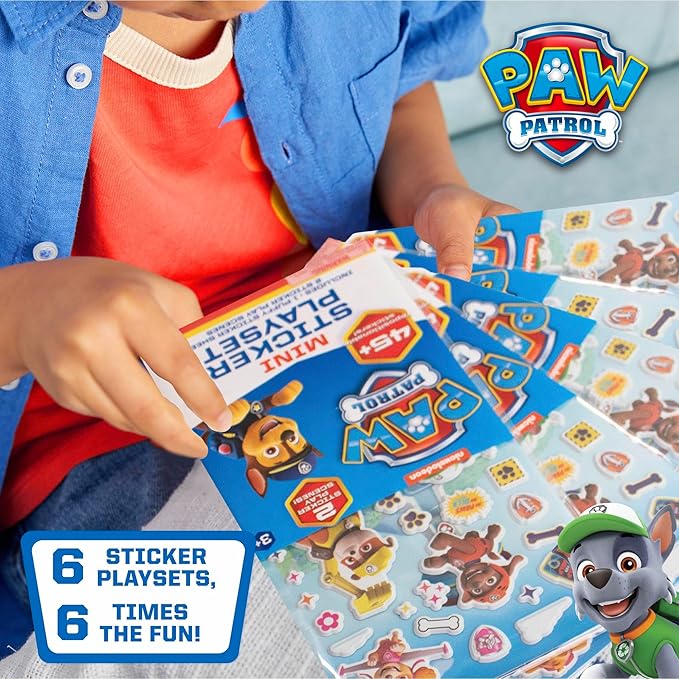 Paw Patrol Mini Sticker Playset - 6-Pack, 45 Reusable Puffy Stickers, Double-Sided Play Scenes, Repositionable Stickers, Travel Toy for Kids & Toddlers, Toddler Activities