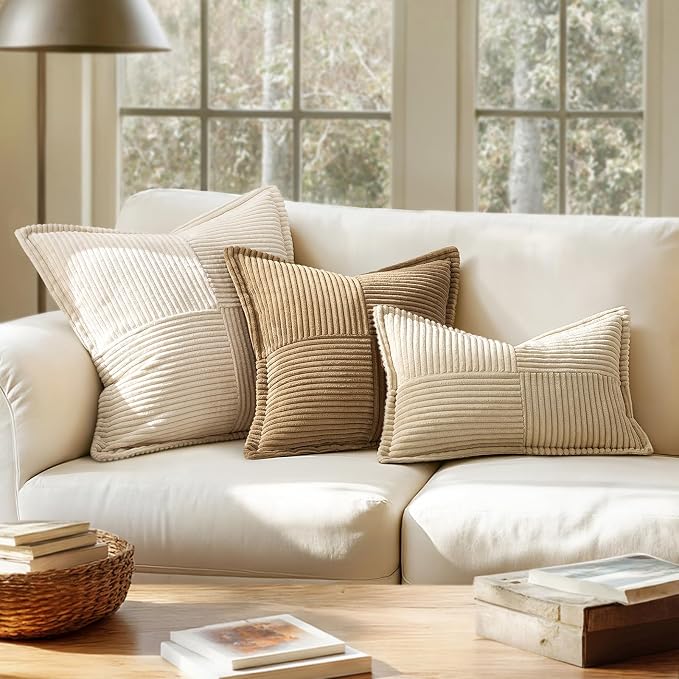MIULEE Decorative Lumbar Throw Pillow Covers 12x20 Inch Cream 2 Pack | Boho Broadside Striped Patchwork Pillow Covers, Soft Corduroy Cushion Cases, For Couch Sofa Bed Livingroom Home Decor