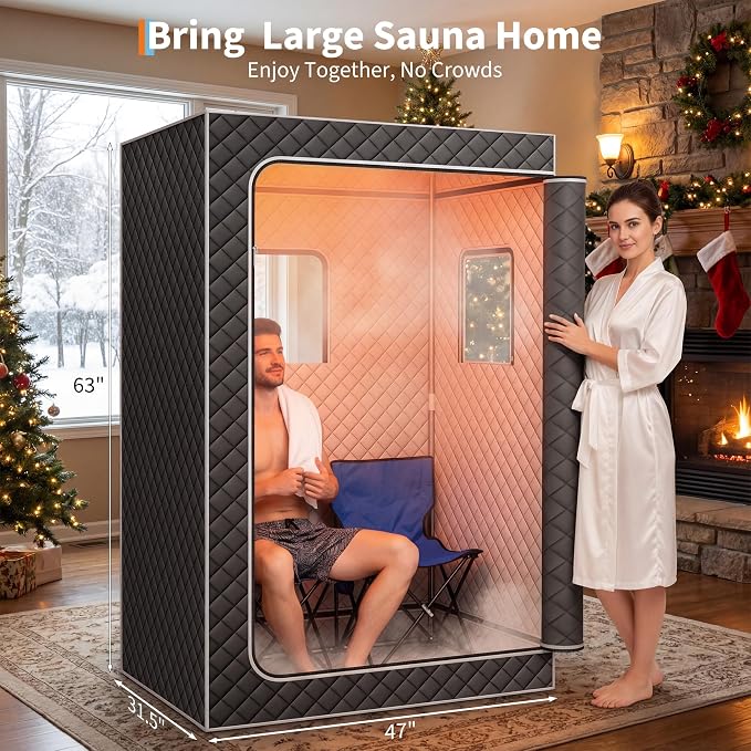 Upgraded 2 Person Sauna Box with Portable Infrared Sauna, 4L 1500W Steamer, Explosion Proof Zip, 99 Mins Timer, Grey for Home Steam Spa