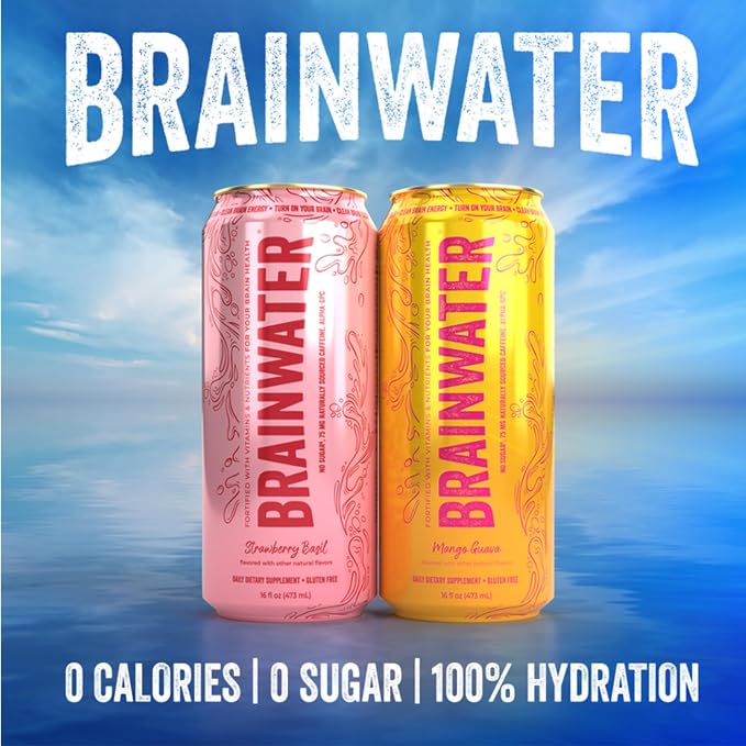 BrainJuice BrainWater Calm, Water for Clean Energy, Focus & Relaxation Support, Gluten Free, Zero Sugar Drinks with Ashwagandha, Alpha GPC, Vitamin C & B, Organic Green Tea, 8 Pack (Strawberry Basil)