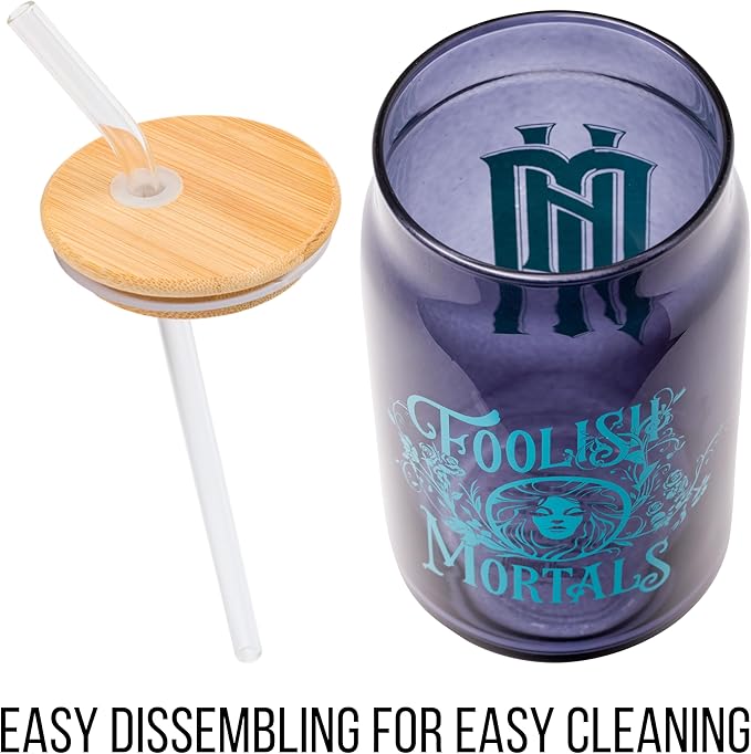 Silver Buffalo Disney Haunted Mansion “Foolish Mortals” Featuring Madame Leota Glass Jar Tumbler with Bamboo Lid and Glass Straw, 16 Ounces