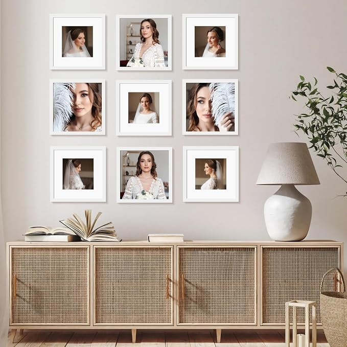10x10 Picture Frame Set of 9, Display Pictures 8x8 with Mat or 10x10 without Mat, Multi Collage Gallery Square Photo Frames for Wall or Tabletop, White