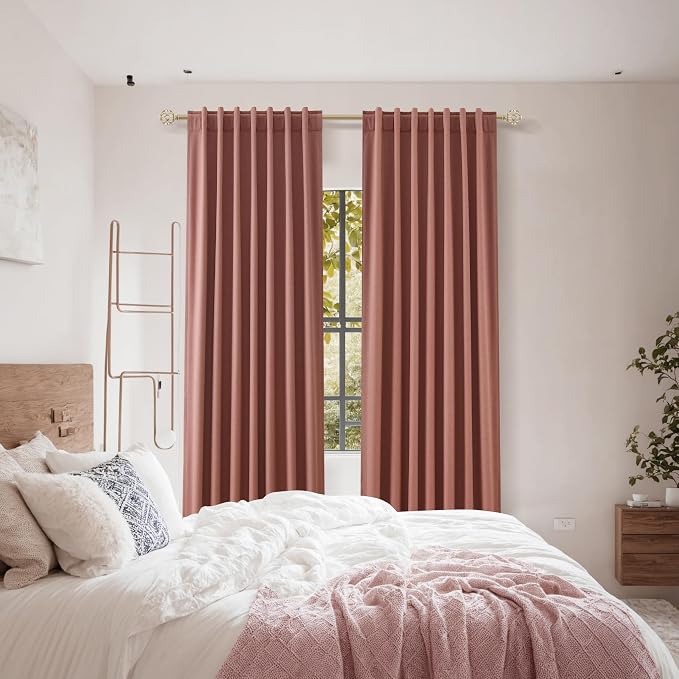 Dusty Rose 100% Blackout Linen Curtains 108 Inch Length 2 Panels Set for Girls Bedroom Back Tab Thermal Insulated Black Out Drapes Room Darkening Farmhouse Style for Bedroom Window Curtains 52x108
