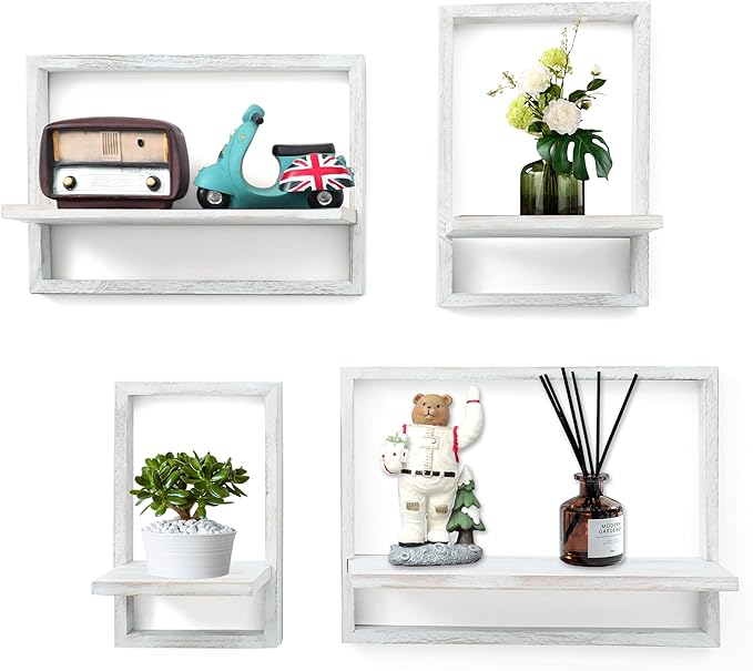 Floating Shelves for Wall,Decorative Wall Shelves,Plants Shelf Framed | Square Wall Decor,Art Sconces Artificial Vases Hanging Storage Shelf for Bathroom Living Room,Wood,Set of 4,Rustic White