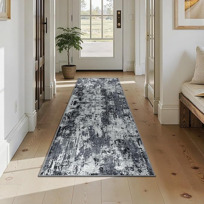 RELEANY Washable Runner 2'x7' Abstract Area Rug for Hallway Black White | carpet for kitchen, entryway, bathroom, living room, bedroom, printed pattern, non-slip, soft, stain-resistant, easy to clean