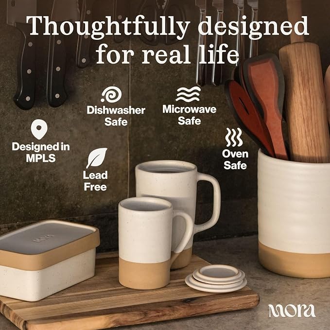 MORA Ceramics Large Tea Mug with Loose Leaf Infuser and Ceramic Lid, 18 oz, Portable, Microwave, Dishwasher Safe, Tall Coffee Cup - Rustic Matte Ceramic Glaze, Modern Herbal Tea Strainer, Mushroom