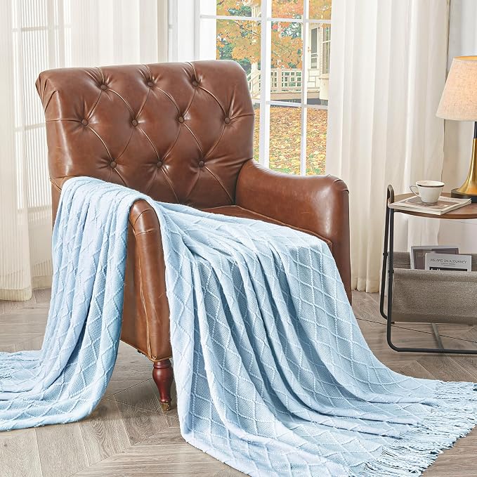 inhand Sky Blue Knitted Throw Blanket for Couch and Bed, 50"x60" | Soft Living Room Home Decor Knitted Blanket with Tassel, Outdoor Lightweight Breathable , Farmhouse Warm Woven Decorative