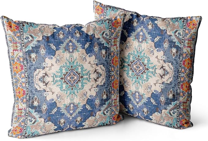 Snycler Boho Throw Pillow Covers 16x16 inch Set of 2 Boho Rug Carpet Double Sided Pattern Cotton Soft Pillow Case Cushion Cover Pillowcase for Couch Sofa Bed Decorative (Blue)