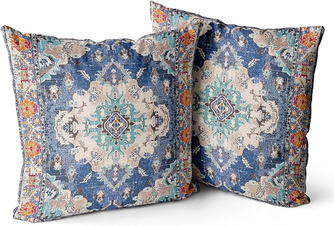 Snycler Boho Throw Pillow Covers 24x24 inch Set of 2 Boho Rug Carpet Double Sided Pattern Cotton Soft Pillow Case Cushion Cover Pillowcase for Couch Sofa Bed Decorative (Blue)