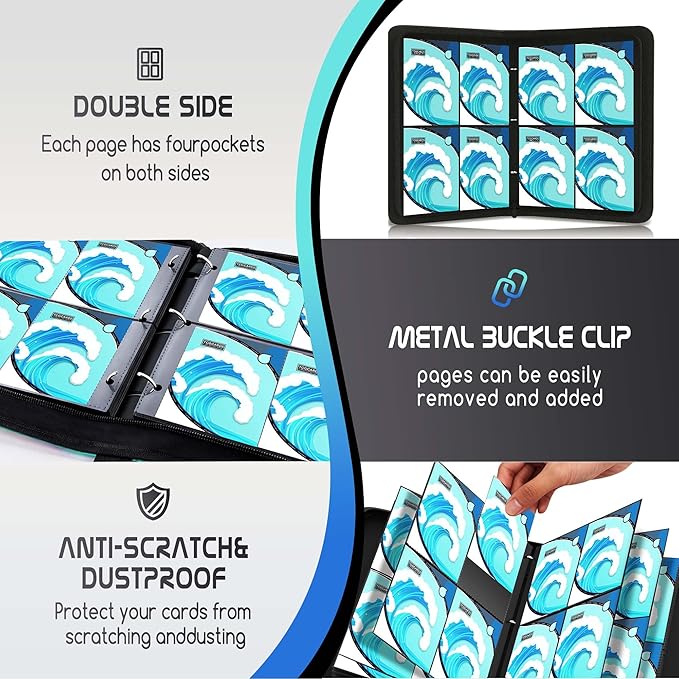 Trading Card Binder 4 Pocket,400 Pocket Card Collection Binder with 50 Removable Sleeves,PU Waterproof Top Card Book,3-Ring Zipper Collectible Trading Card Album for MTG/TCG/Card Holder Gift（Water）