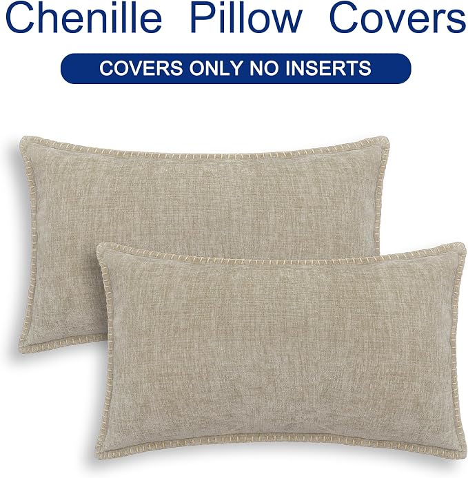 CaliTime Decorative Couch Throw Pillow Covers 20 X 12 Inches Light Taupe | Pack of 2, Cozy Chenille Cushion Cases, Cotton Thread Stitching Edges, for Sofa Bed Living Room Farmhouse