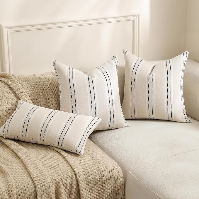 Hckot Stripe Throw Pillow Covers 26x26 Large Square Navy Blue Pillow Cover | Farmhouse Decorative Pillows Textured Linen Euro Sham Cushion Covers for Sofa Couch Bed Living Room Decor