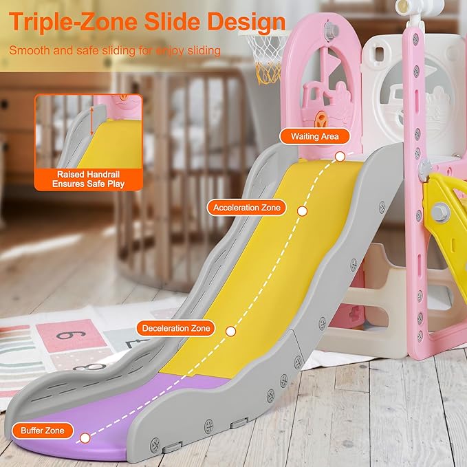 6 in 1 Toddler Playset Toddler Slide and Climber Playset, L-Shaped Kids Slide with Basketball Hoop, Telescope & Storage, Sturdy Indoor Outdoor Playground, for Boys Girls 1-3+