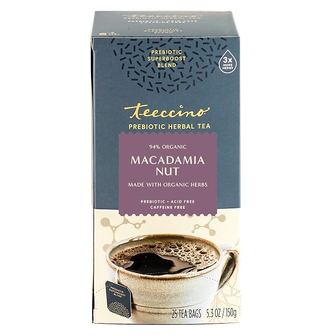 Teeccino Macadamia Nut - Prebiotic SuperBoost™ Herbal Tea - 25 Tea Bags - Support Your Probiotics with Vegan GOS & Organic XOS For Good Gut Health - Digestive Dessert Tea