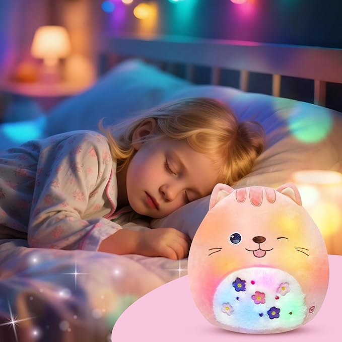 Easfan 12" LED Kitty Plush Pillow Soft Pink Cat Glowing Plush Toy Cute Stuffed Animal Home Room Decoration Birthday Get Well Gifts for Kids Toddlers
