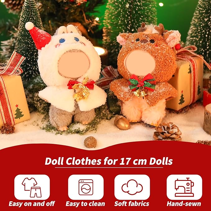 Clothes for Labubu Doll,6.7 Inch Doll Clothing Set - 2 Pieces of Handmade Clothes and Accessories for 17cm Plush Toys - Elk + Snowman Christmas Set