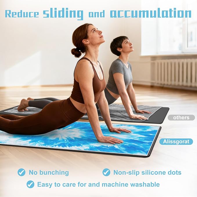 Yoga Mat Towel, Hot Yoga Towel High-Definition Pattern, Machine Washable with Ultra-Absorbent Yoga Towels for Hot Yoga Non Slip for Fitness, Exercise, Pilates, 72 x 27 in,Blue & White