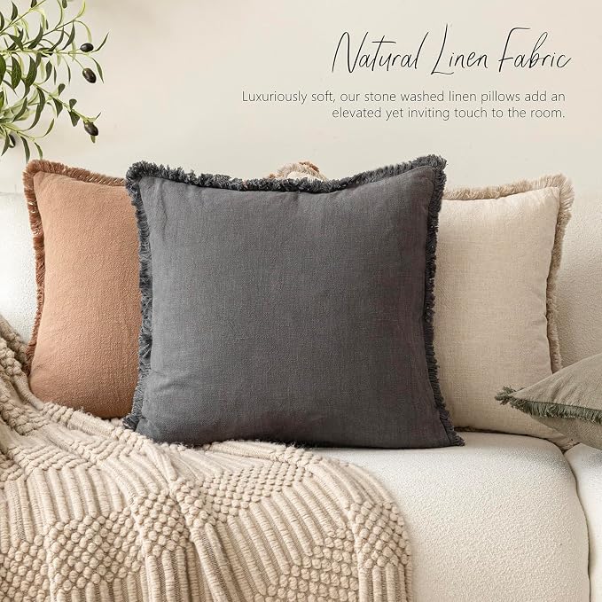 Foindtower Set of 2 Decorative Linen Fringe Throw Pillow Covers Cozy Boho Farmhouse Cushion Cover with Tassels Soft Accent Pillowcase for Couch Sofa Bed Living Room Home Decor, 26×26 Inch, Gray