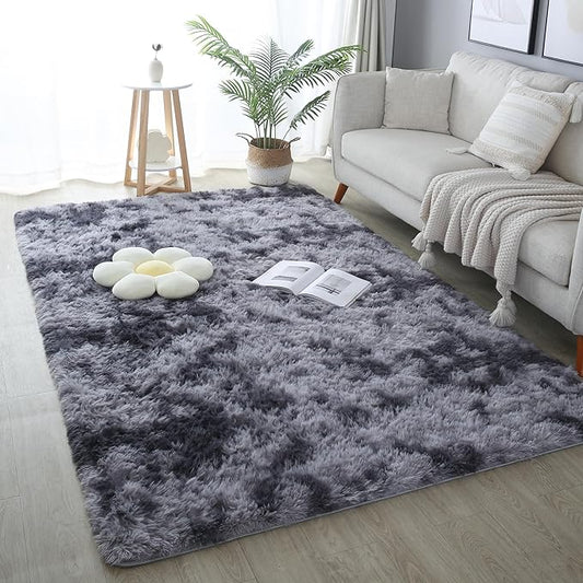 5x7 Tie-dye Dark Grey Shag Rug for Bedroom, Soft Plush Fluffy Carpet | Gray Area Rug for Living Room, Kids Nursery, Dorm Room, Washable Non Slip Shaggy Floor Carpet