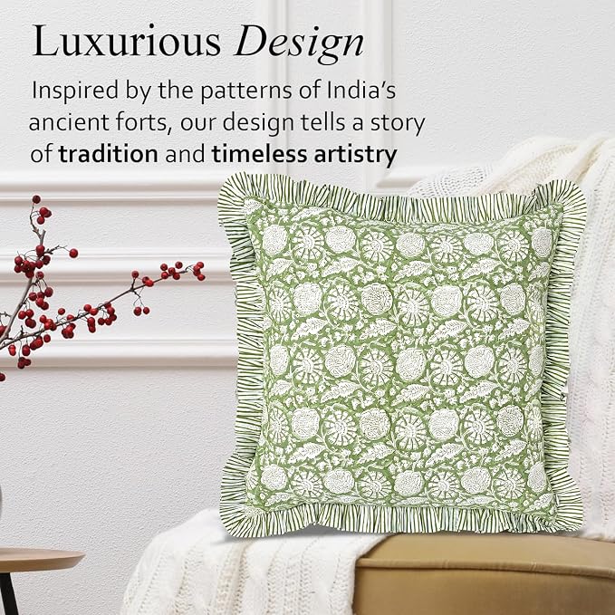 CPC Olive Bloom Hand Block Print 100% Cotton Ruffle Throw Pillow Cover 20x20 inch with Hidden Zipper Decorative for Couch, Bed, Sofa, Farmhouse, Cottagecore Decor Gift Christmas Fall Thanksgiving