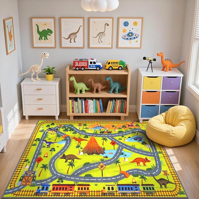 LIVEBOX 5x7 Dinosaur Adventure Rugs for Boys Bedroom,Non Slip Playroom Kids Car Track Rug Collection Safari Road Map,Educational & Game Play Carpet for Kids Room Classroom Living Room