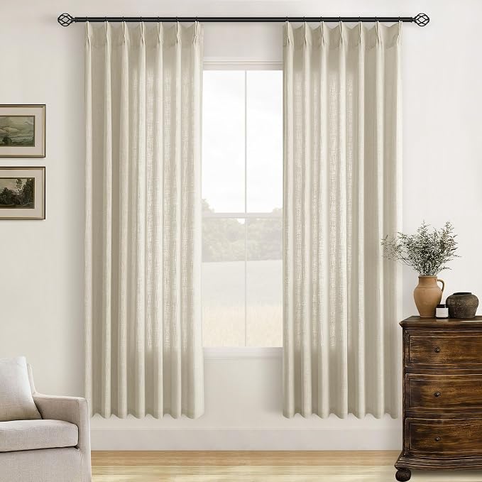 Linen Beige 72 Inch Pinch Pleated Semi Sheer Curtains 2 Panels Set W40xL72 | Memory Training Shaped, for Living Room Bedroom Cabin Closet, 400GSM Linen Textured, Pinch Pleat with Hooks Rings Back Tab