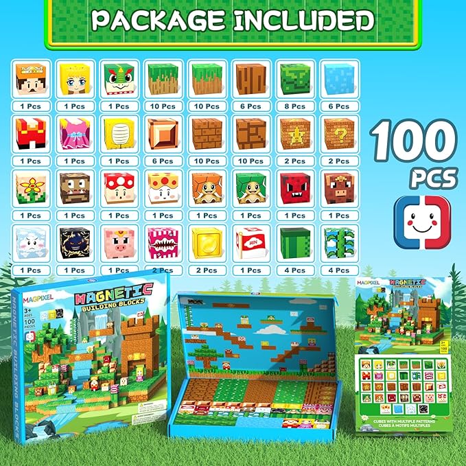 Magnetic Blocks Sensory Toys for Kids: Magnetic Building Blocks for Boys & Girls Ages 3+, Educational STEM Kids Toys for Creative Learning with 32 Patterns, Christmas Birthday Toddlers Gifts (100pcs)