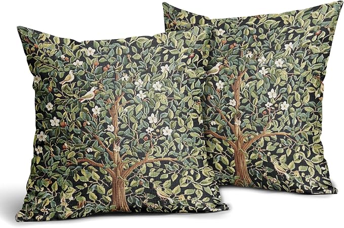 Green Tree Pillow Covers 20X20 Inch Set of 2 Watercolor Forest Bird Floral leaves Decorative Pillow Cases Spring Vintage Leaf Flower Cotton Linen Cushion Case Farmhouse Home Decor For Sofa Couch