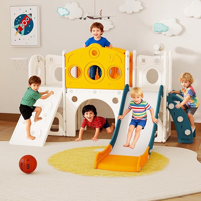 GITAWUSA 9 in 1 Toddler Slide Set Playground Indoor & Outdoor Fun for Kids & Babies Aged 1-3, Featuring Climbing Board, Basketball Hoop, Telescope, Storage Space and Non-Slip Steps, Yellow & Green