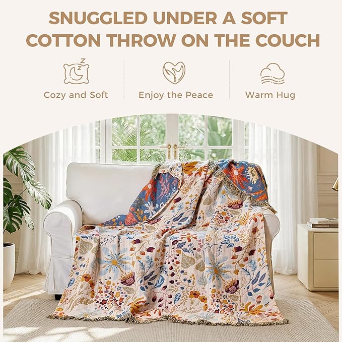 LUTBM Boho Throw Blanket for Bed 60"x80", All Season Cotton Couch Blankets | Reversible Floral Leaves Jacquard, All-Season Twin Lightweight Breathable Quilt, For Chair Sofa Bedroom Living Room