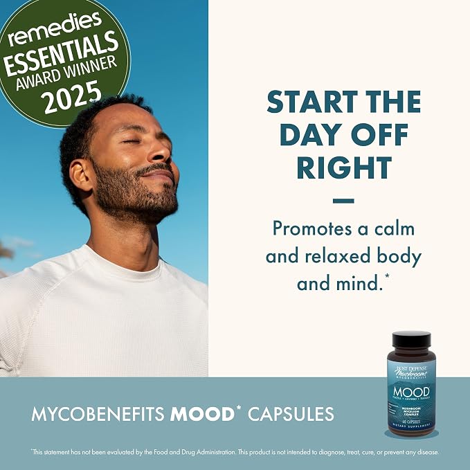 Host Defense MycoBenefits Mood* Capsules - Healthy Mind Support with Lion's Mane, L-Theanine & Ashwagandha - Relaxing & Calming Supplement - 60 Capsules (30 Servings)*