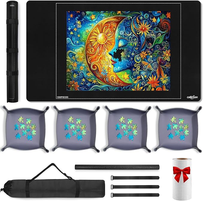 1500-piece Rubber Puzzles Mat – 1 Non-Slip Puzzle roll up, 1 roll of Jigsaw Saver (78 inches x 11.8 inches), 4 Sorting Trays – is The for Adults and Puzzle Enthusiasts.