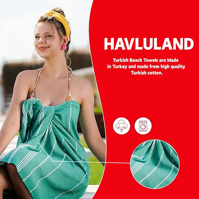 HAVLULAND Turkish Beach Towels, Oversized 40"x72" Turkish Bath Towel, Highly Absorbent Quick Dry Sand Free Beach Towels for Beach Pool Spa Gym Yoga Travel Camping Picnic Blanket - Light Blue