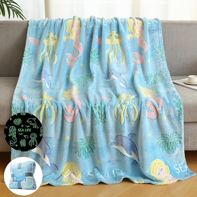 Glow in The Dark Blanket Mermaid Whale Gifts for Girls Boys,Soft Marine Life Blanket 3 4 5 6 7 8 9 10 Year Old Girl Gifts,Toddler Girls Toys Age 6-8,Valentine's Day Birthday Gifts Presents