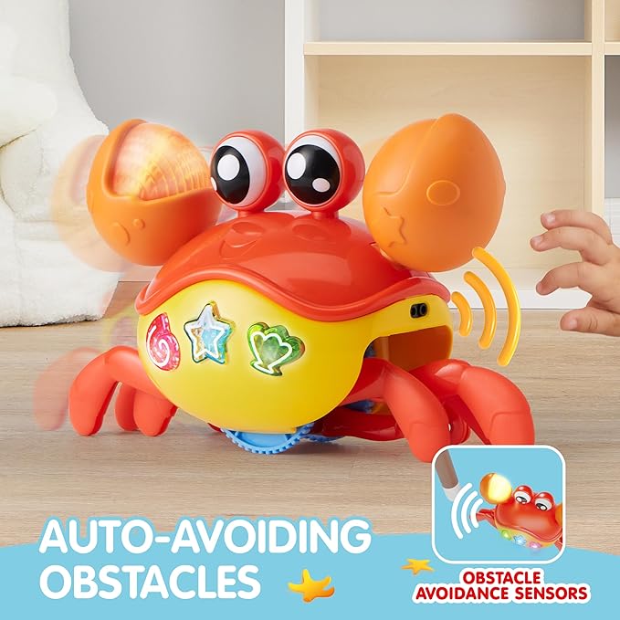 Play-Act Crawling Crab Baby Toy, Interactive Musical Crab with Intelligent Sensor & Auto-Avoiding Obstacles, Tummy Time Toy with Lights and Buttons, Gift for Toddlers Learning to Crawl