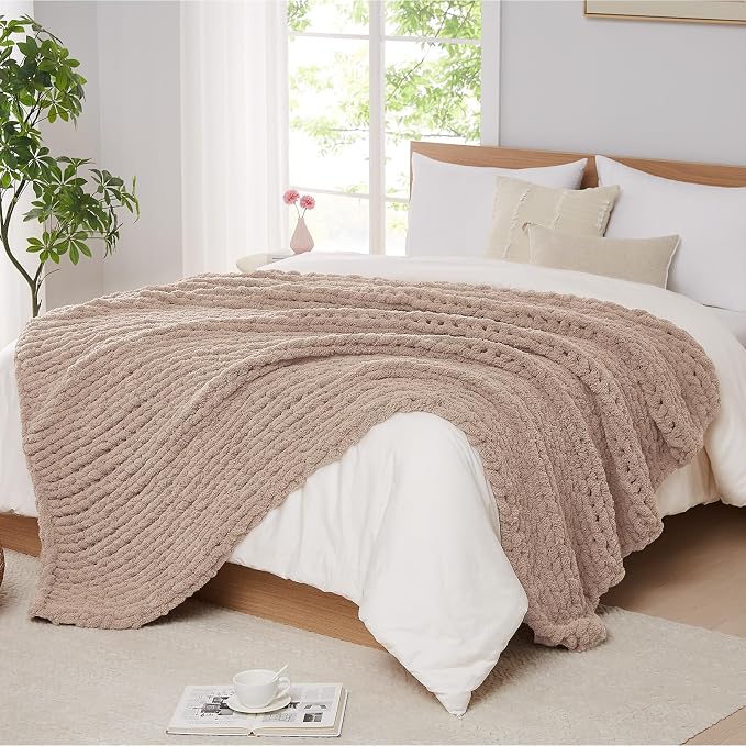 L'AGRATY Chunky Knit Throw Blanket for Couch, 50 x 60 Inches, Light Taupe | Handmade Chenille Crochet Blanket for Sofa Bed, Thick Cable Knitted Blankets for Room Home Decor, Birthday Gift for Women Mom
