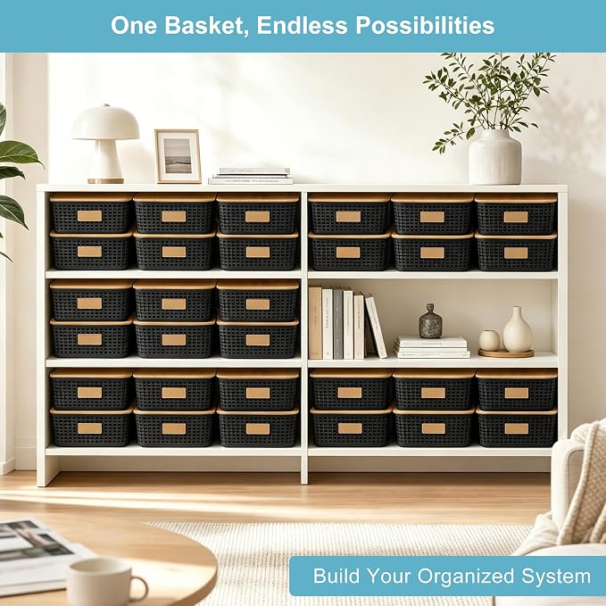 4 Pack Plastic Storage Bins with Bamboo Lids, 6.2qt Stackable Storage Organizer Box with Lable for Pantry Shelves Drawers Desktop Office, 12"L x 8.3"W x 3.5"H, Black