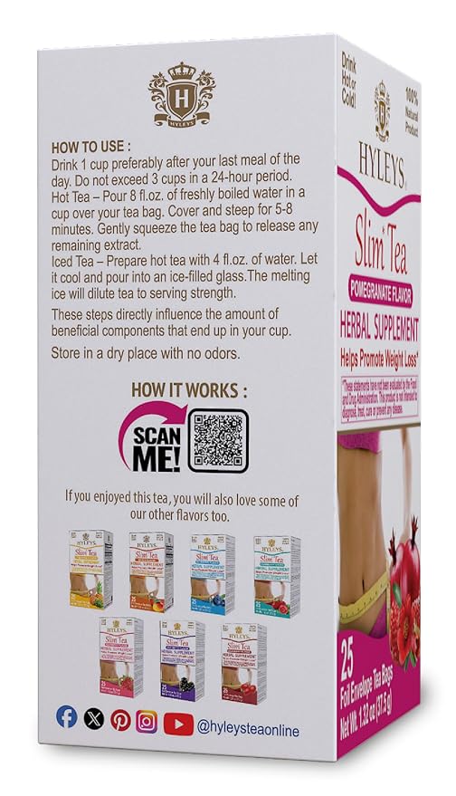 Hyleys Slim Tea Pomegranate Flavor - Weight Loss Herbal Supplement Cleanse and Detox - 25 Tea Bags (6 Pack)
