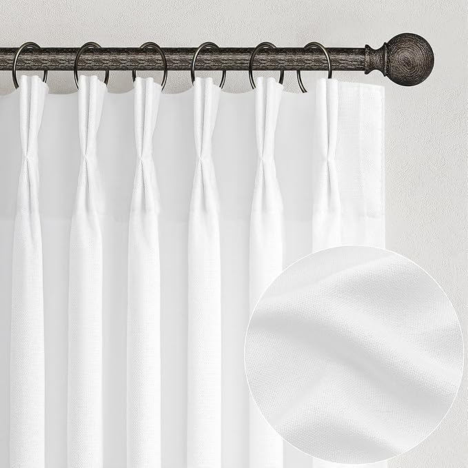 108 Inch White Linen Semi Sheer Curtains for Living Room 2 Panels Set, 9Ft Luxury Farmhouse Style Pinch Pleated Curtains Light Filtering Privacy Floor to Ceiling Track Drapes with Hooks Rings