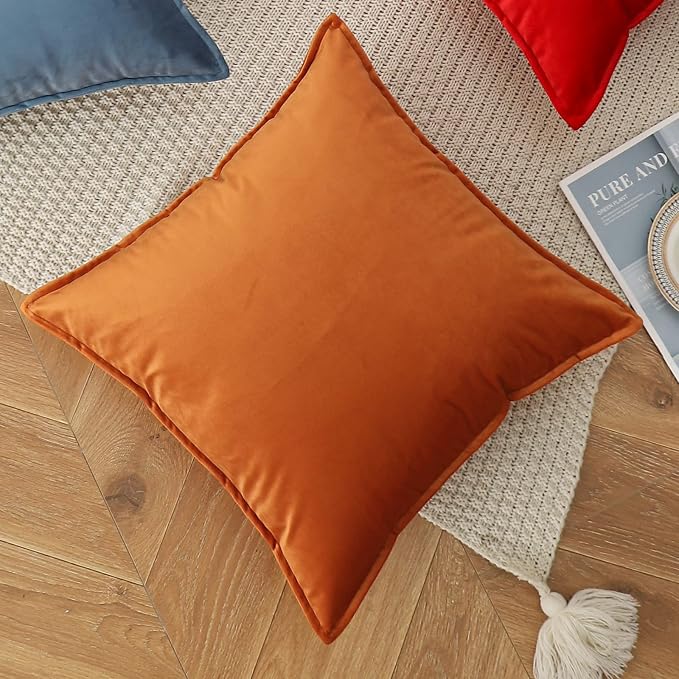 Velvet Orange Throw Pillow Covers 16”x16”Pack of 2 Soft Decorative | Square Cushion Covers for Couch Sofa Bed Livingroom Car Home Decor,40x40Cm