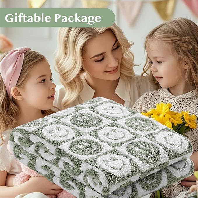 Soft Checkered Throw Blanket for Couch-Cozy Warm Knitted Blankets | Lightweight Warm Fluffy Decor for Women, Mom, Her & Girls, Sofa, Chair, Bed, 50x60in, Seagrass Smiling Face