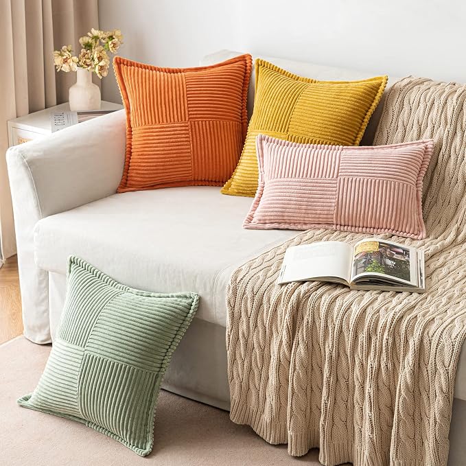MIULEE Decorative Throw Pillow Covers for Couch 20x20 Inch Mustard Yellow | Boho Broadside Striped Patchwork Pillow Covers, Soft Corduroy Cushion Cases, For Sofa Bed Livingroom Home Decor