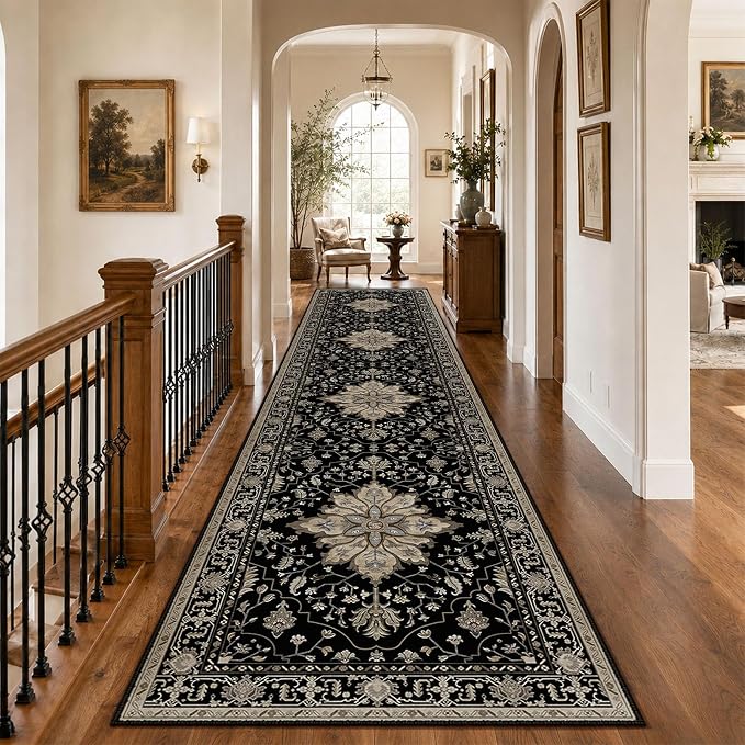 RELEANY Area Rugs Runner 3'x12' Washable Non-Slip, Floral Vintage Distress Medallion Carpet for Kitchen Hallway Bedroom Beside Laundry Room Bathroom, Black Brown Neutral Dark Tan